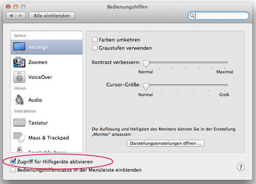 Systemeinstellung Bedienungshilfen