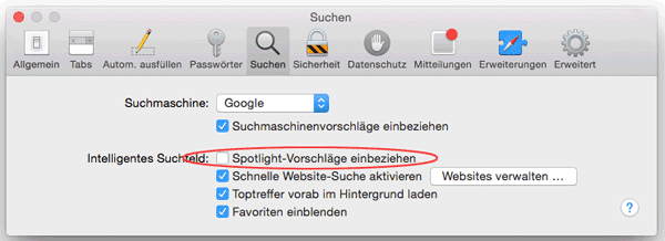 Screenshot Safari Einstellungen Spotlight