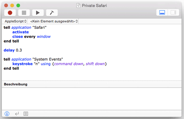 Screenshot Script-Editor Safari mit privatem Fenster öffnen