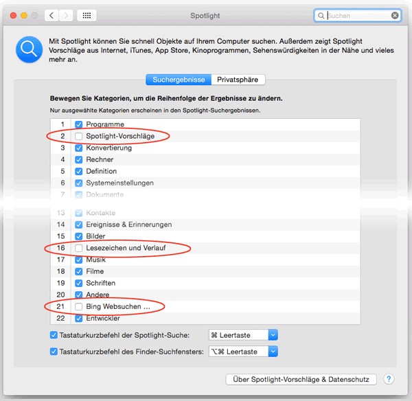 Screenshot Spotlight Systemeinstellungen