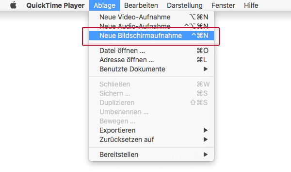 Screenshot Quicktime Bildschirmaufnahme starten