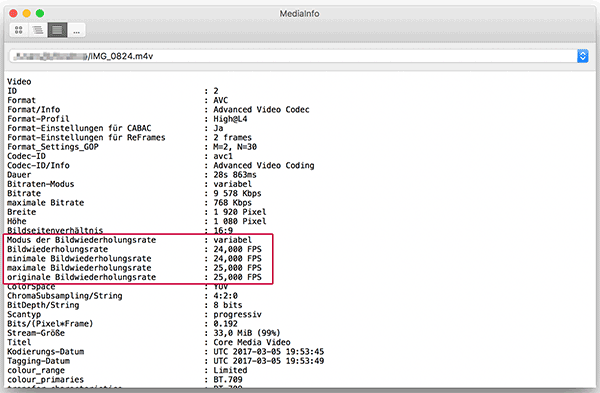Screenshot MediaInfo Videospezifikationen
