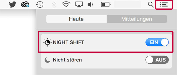 Screenshot macOS Mitteilungszentrale Night Shift