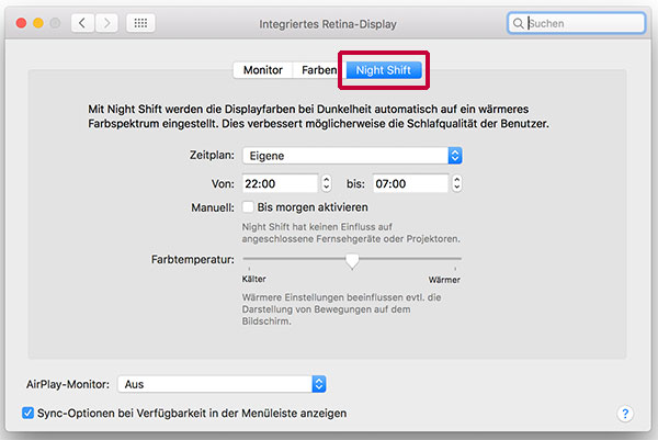 Screenshot macOS Systemsteuerung Night Shift