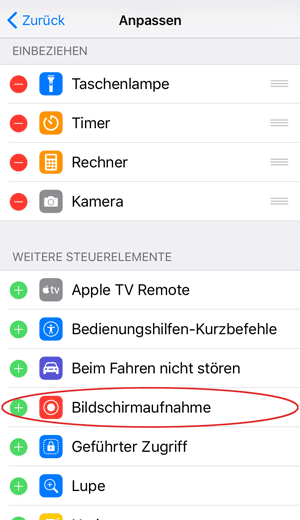 iOS Kontrollzentrum Bildschirmaufnahmen