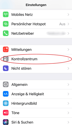 iOS Einstellungen Kontrollzentrum