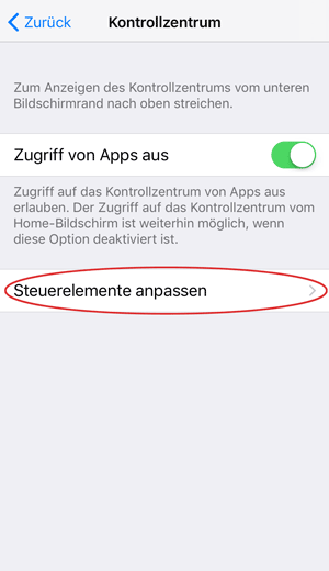 iOS Kontrollzentrum Steuerelemente