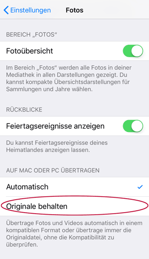 Screenshot iOS 11 Fotos Transfersettings