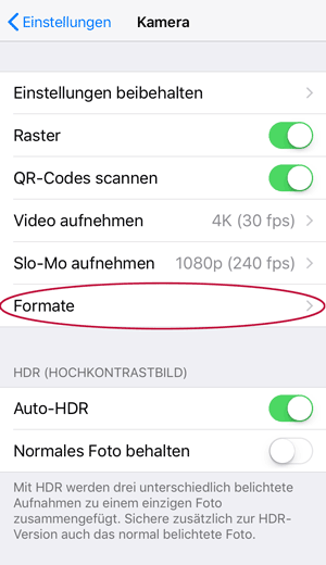 Screenshot iOS 11 Kamera Formate