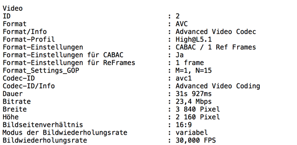 Videoparameter konvertiertes H.264-File aus iPhone 8