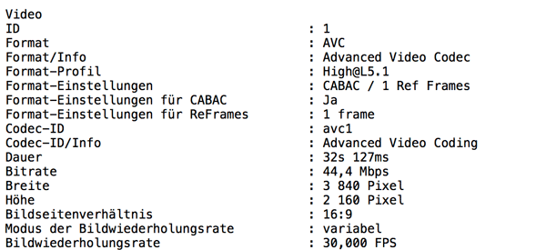 iOS 11 Videoparameter H.264 File aus iPhone 8
