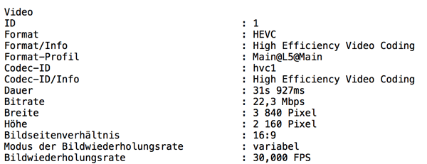 Analyse Videoparamater HEVC aus iPhone