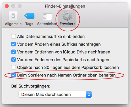 macOS Finder Einstellungen Erweitert