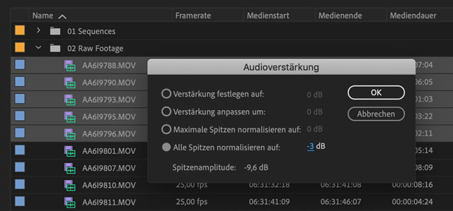 Screenshot Mehrere Clips in Premiere normalisieren