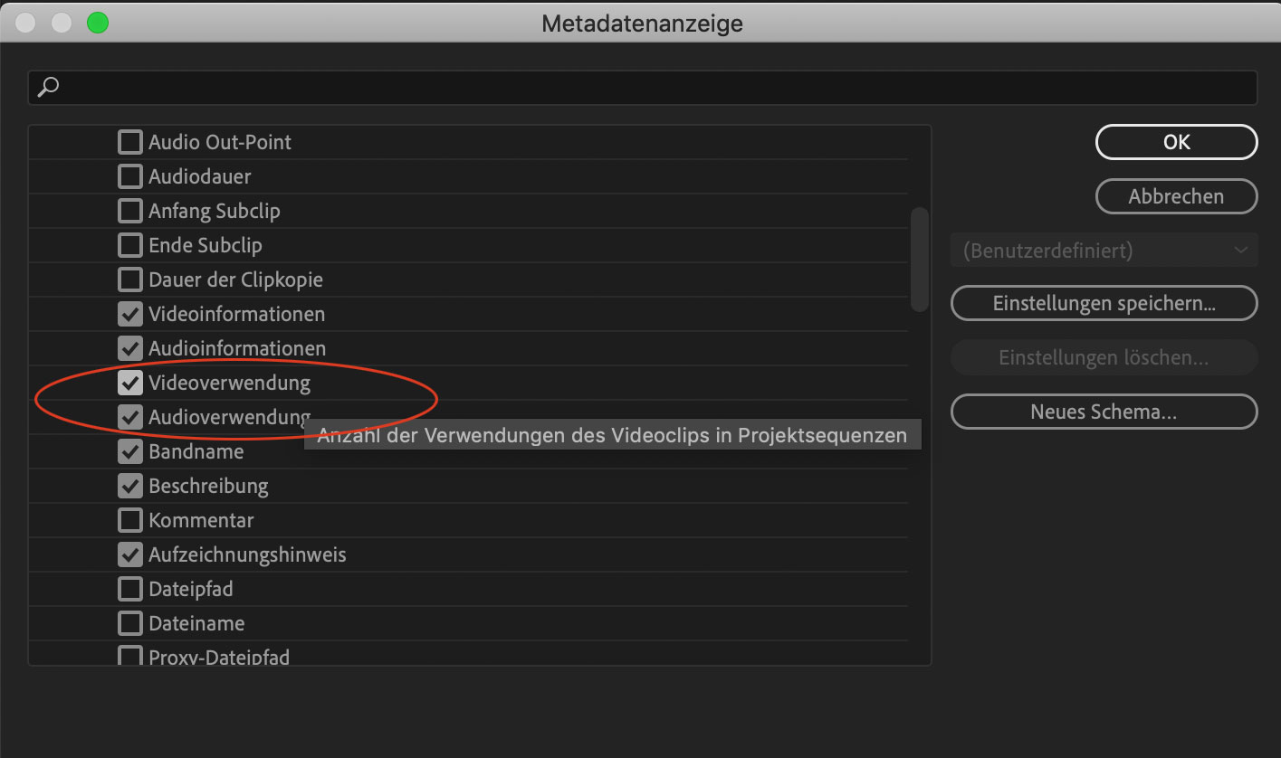 Metadatenanzeige Videoverwendung