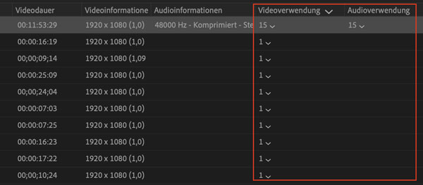 Premiere Videoverwendung und Audioverwendung
