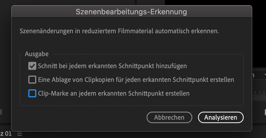 Screenshot Optionen der Szenen-Erkennung von Adobe Premiere