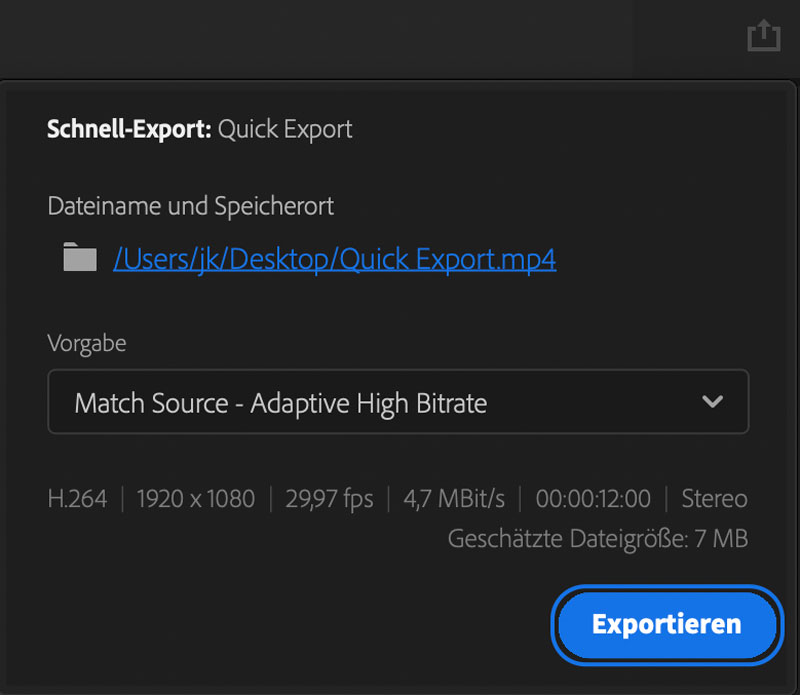 Premiere Schnell-Export Fenster