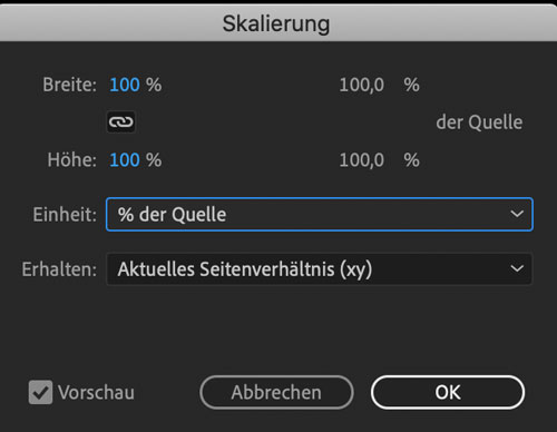 After Effects Dialog Skalierung