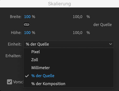 After Effects Skalierung Einheiten