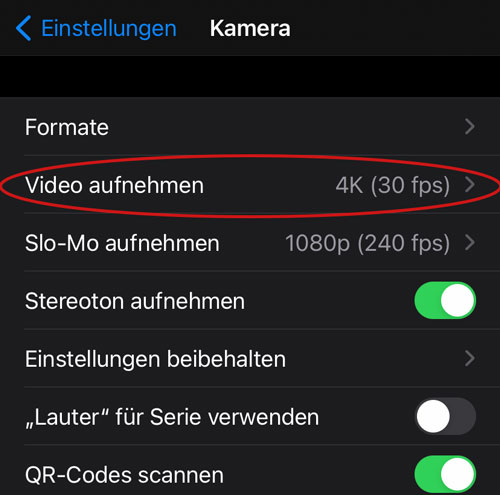 iPhone-Einstellungen Video aufnehmen