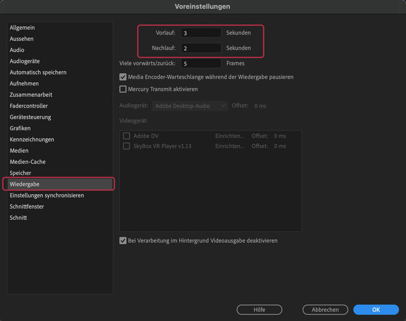 Adobe Premiere Voreinstellungen Vorlauf und Nachlauf
