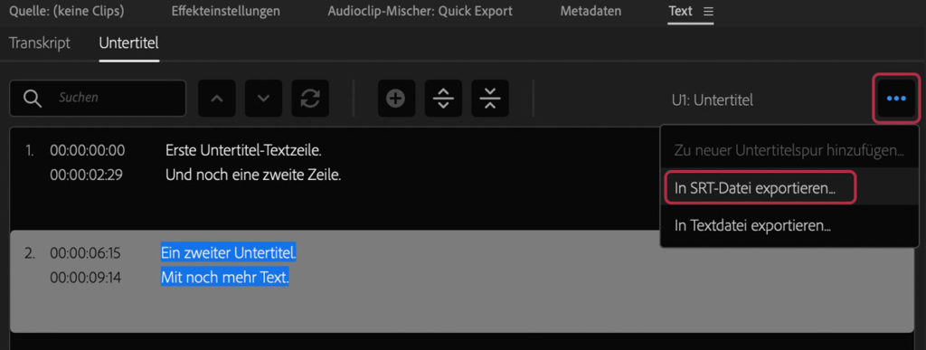 SRT-Export in Adobe Premiere