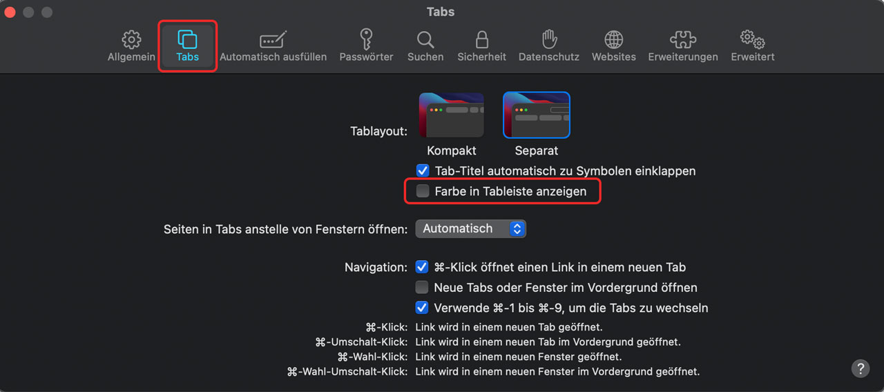 Screenshot Farbe Tableiste in Safari