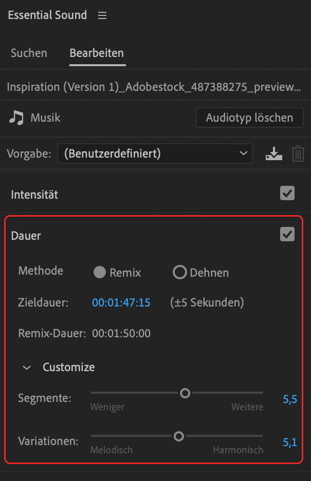 Remix Eigenschaften im Essental Sound Panel
