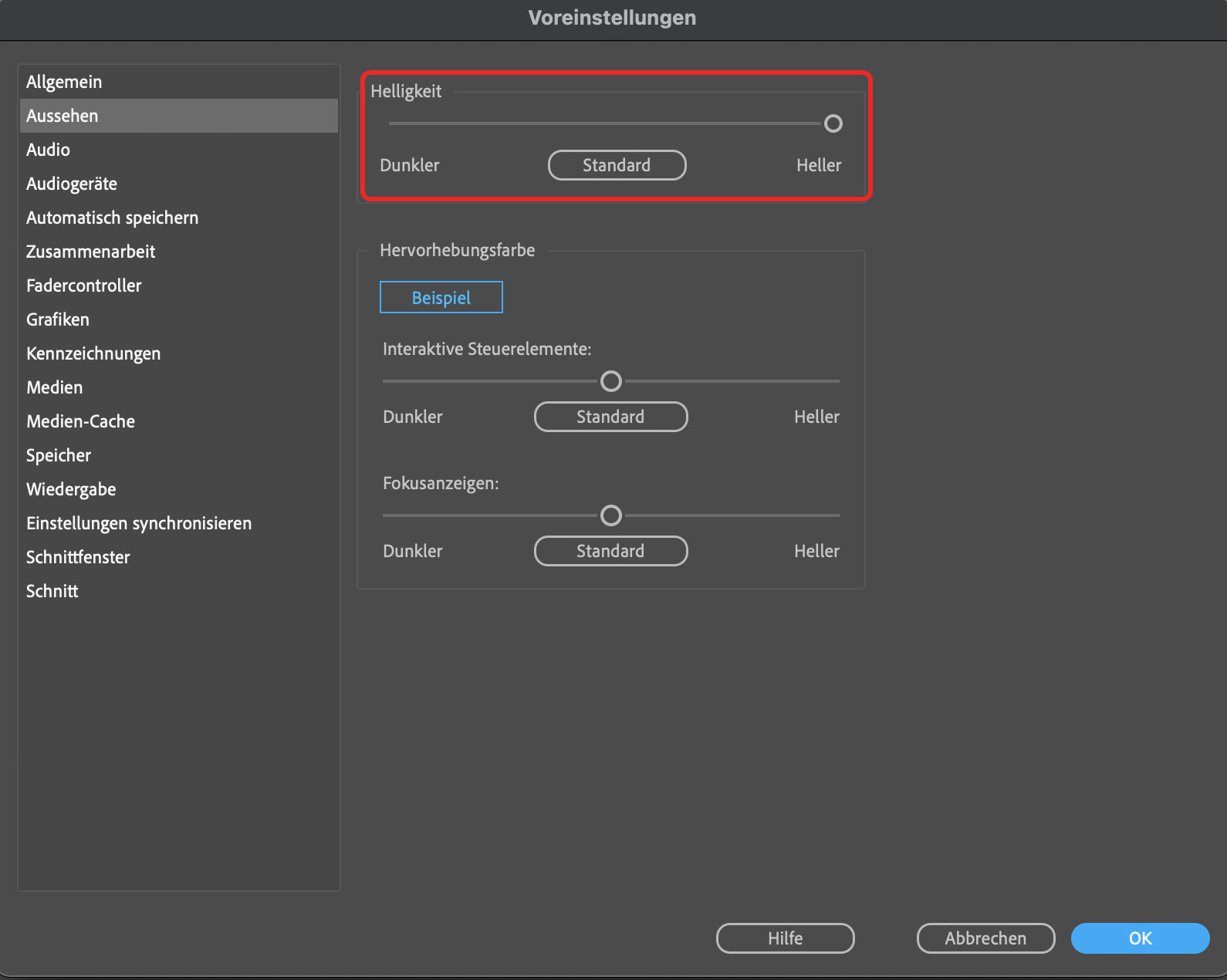 Premiere Voreinstellungen Helligkeit