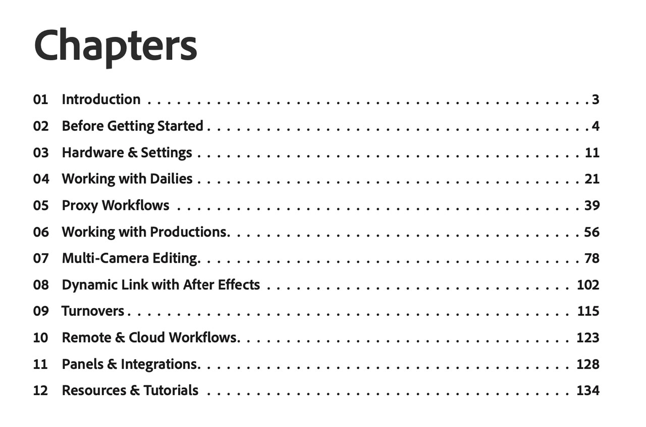 Screenshot Inhaltsverzeichnis Premiere Worklfow Guide