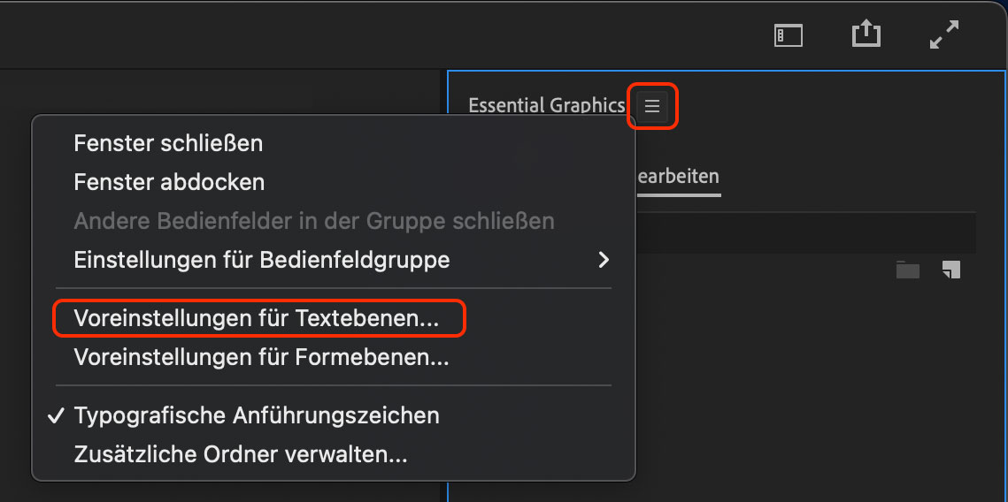 Premiere Voreinstellungen Essential Grahics
