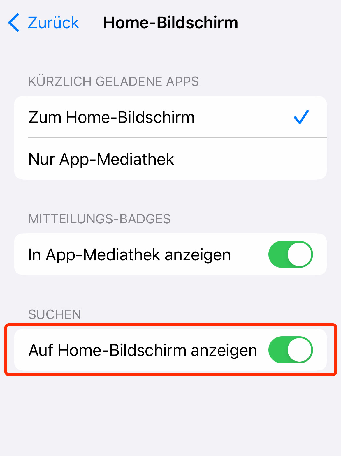iOS Einstellungen Suche auf Homescreen