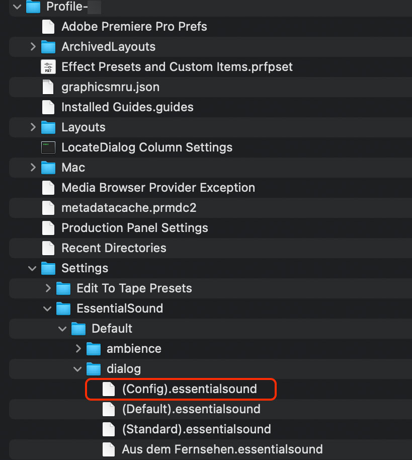 Dateipfad zu den Configurations-Dateien von Essnetial Sound in Premiere
