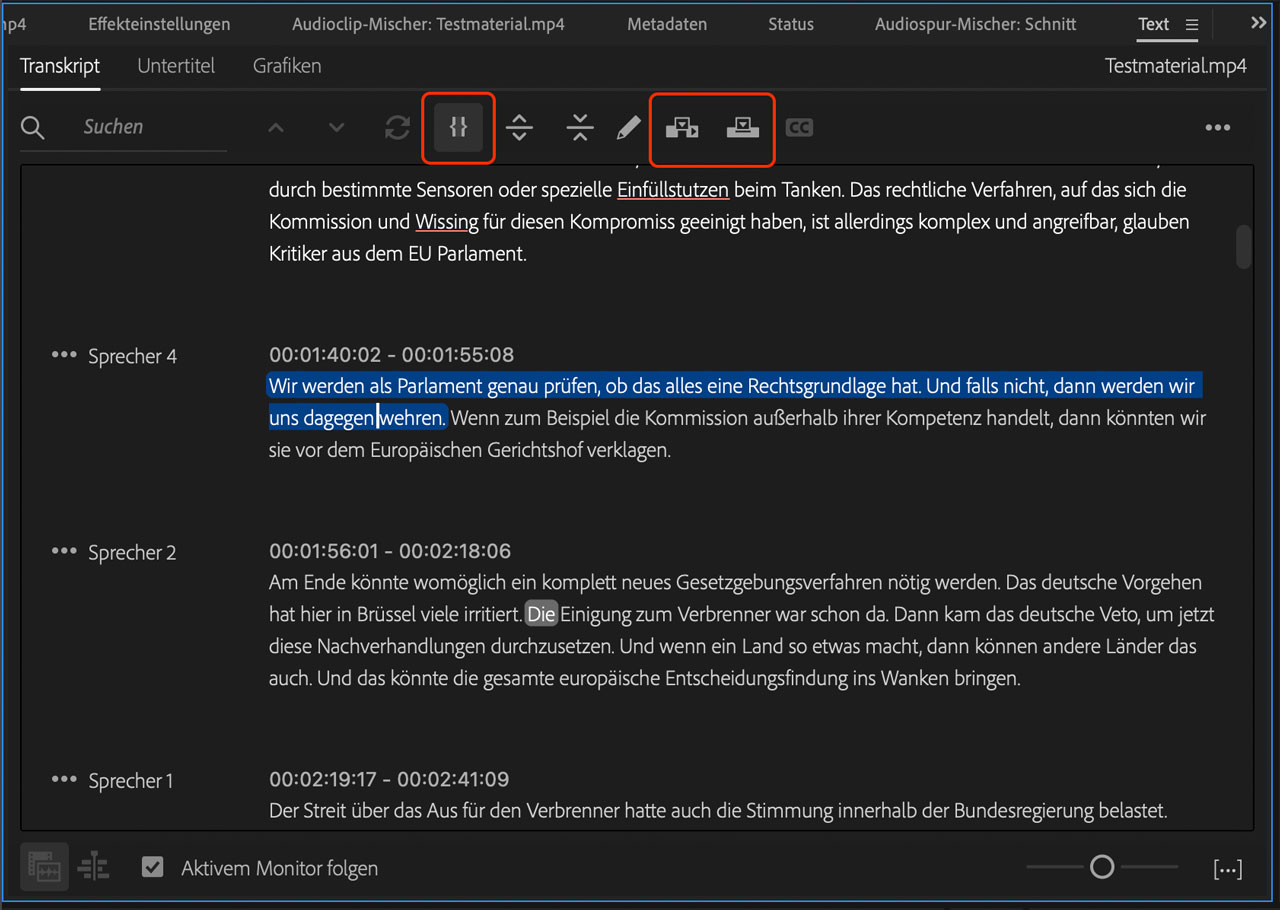 Textbasierter Videoschnitt in Premiere - Screenshot der Werkzeuge